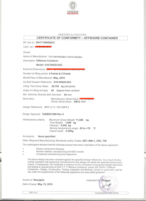 offshore container construction certificate, BV certicate for offshore containers, dnv2.7-1, en12079, from tls offshore containers