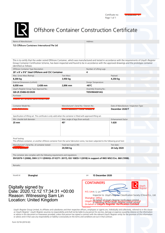 offshore container construction certificate, LR certicate for offshore containers, dnv2.7-1, en12079, from tls offshore containers