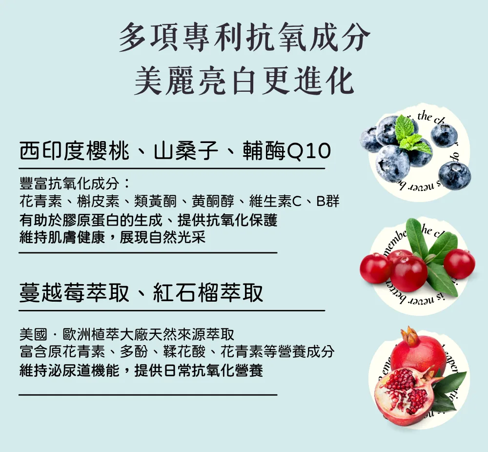 Picture-西印度櫻桃C、蔓越莓萃取、輔酶Q10、山桑子萃取：抗氧、抗菌、修復、減少細紋