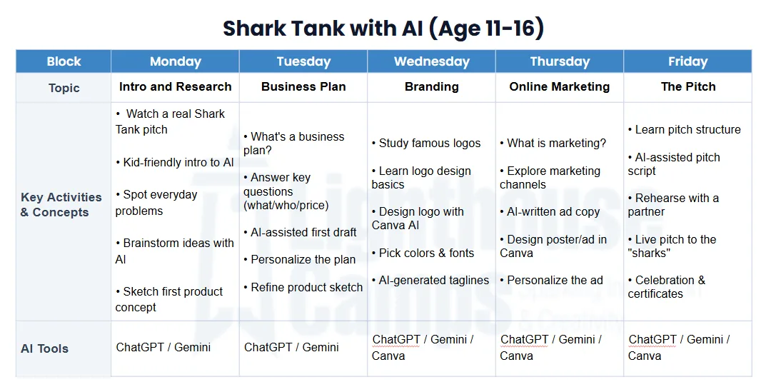 sample schedule of lighthouse shark tank camp for age 10 to 12