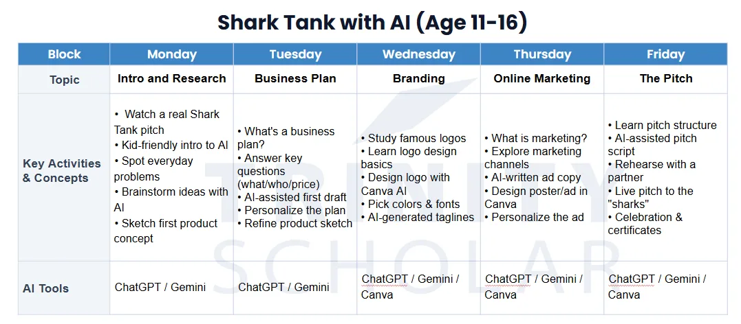 sample schedule of trinityscholar's shark tank course for age 12-16