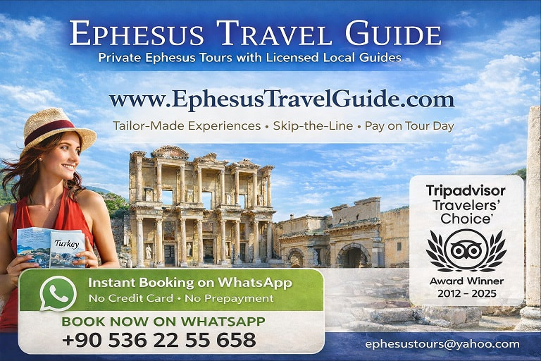 Private Tours of Ephesus and Western Turkey with the best local licensed tour guides. Private Shore Excursions from Kusadasi Port and Izmir Cruise Port. Private Transfers. Private Tour Guide Services for Ephesus. Ephesus Walking Tours. Private Ephesus Tours from Kusadasi, Selcuk, Izmir, Alacati, Cesme, Sirince, Pamukkale Hotels.
