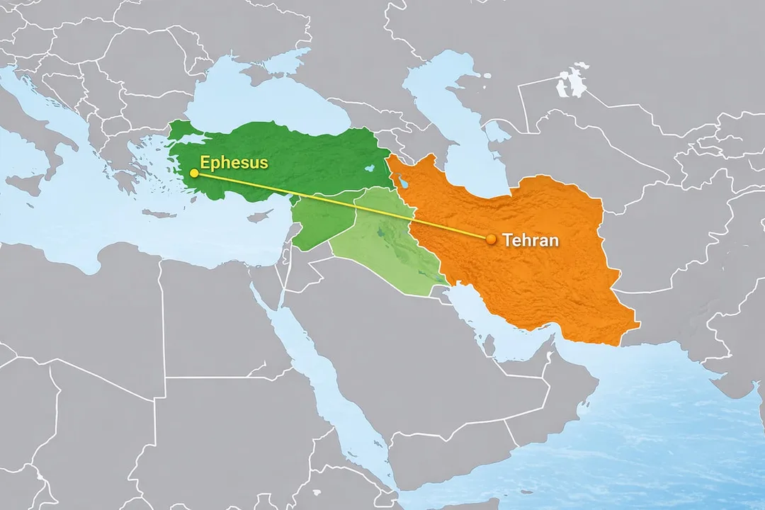 Map showing the distance from Tehran Iran to Ephesus Turkey on the Aegean coast