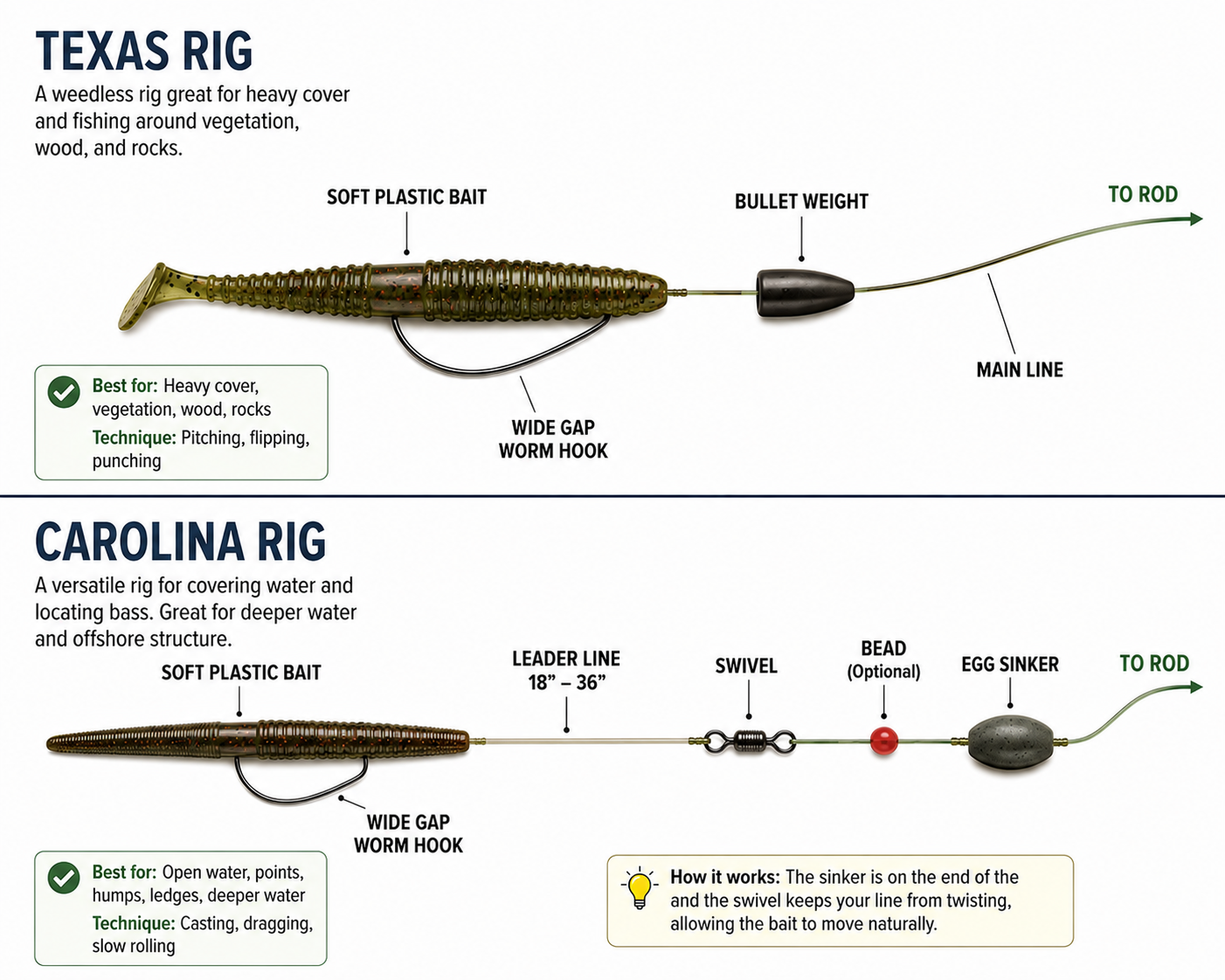 Diagrams of Texas Rigged and Carolina Rigged soft plastic lures for bass