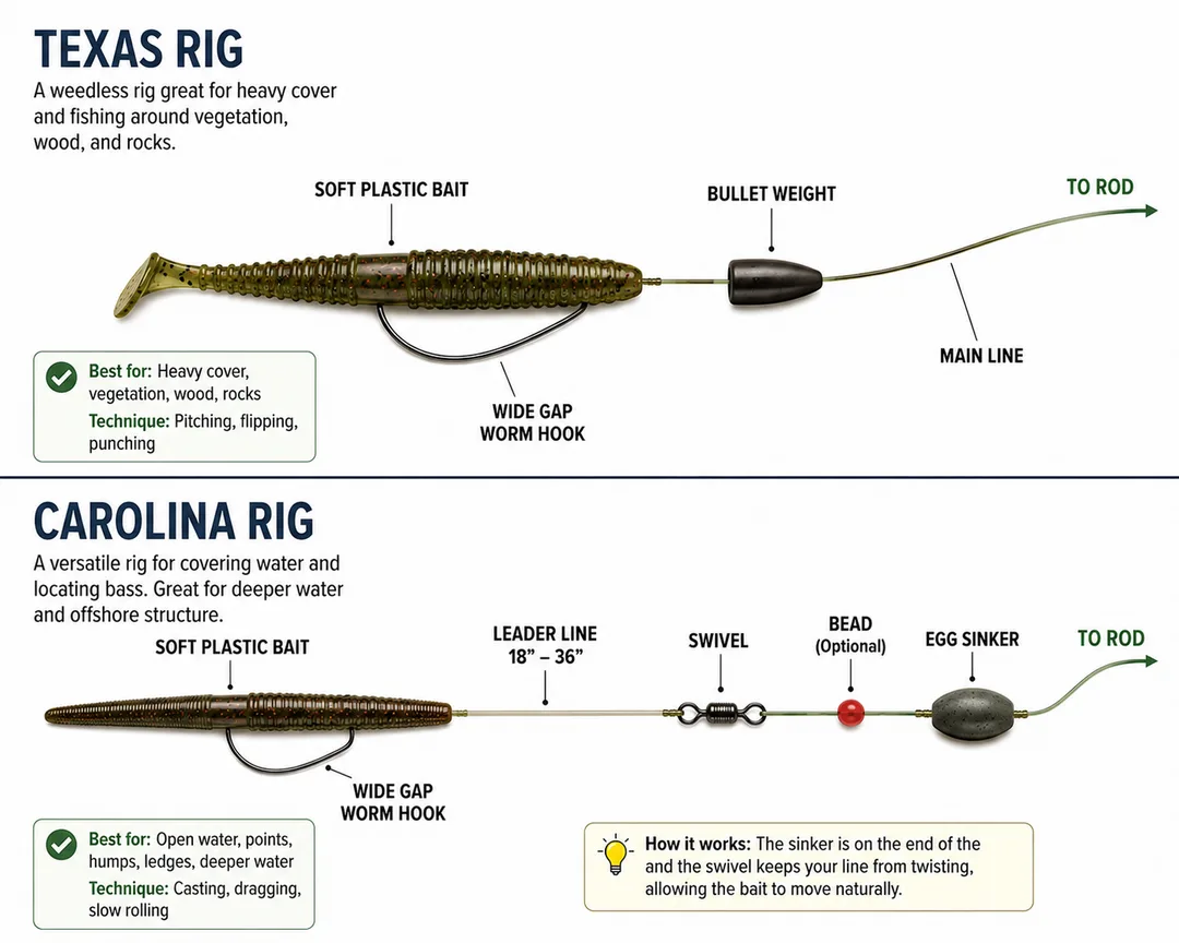 Diagrams of Texas Rigged and Carolina Rigged soft plastic lures for bass