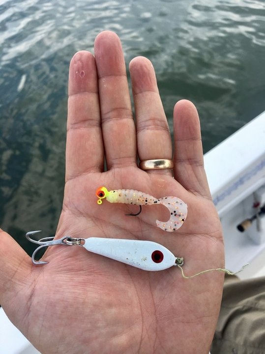 A curly tail grub and a slab for jigging for White Bass