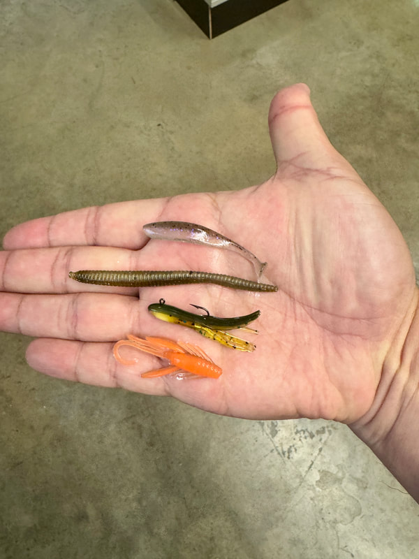 Some of my favorite Bluegill lures. The top two I like to drop shot. Lots of things will work; the key is having a small hook.