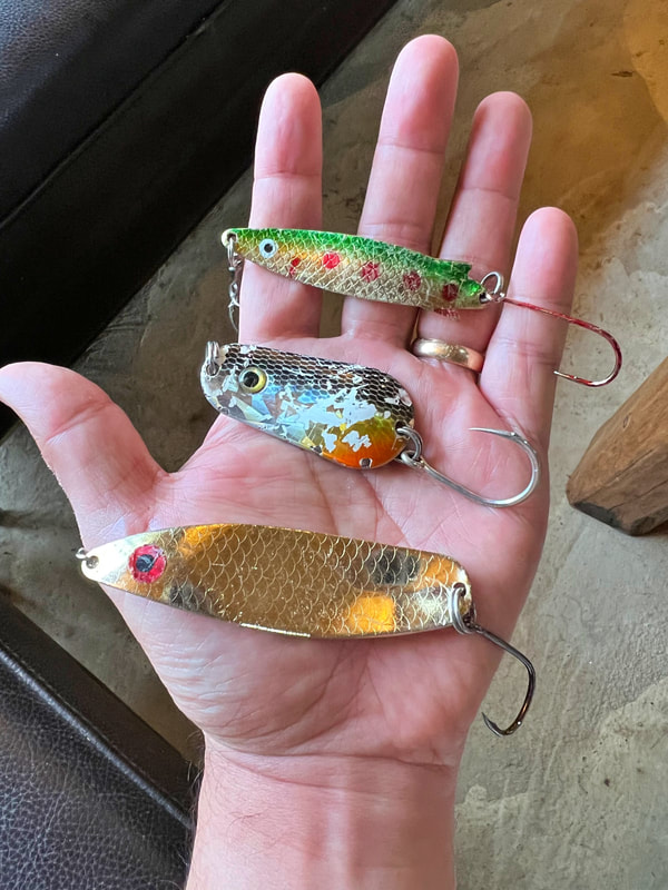 Some successful Tigerfish spoons.  Note all the scratches from their teeth.  Big fish often bite small lures.