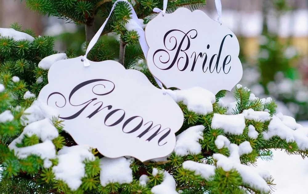 Bride and groom signs on snow covered evergreen_Winter weddings in Essex_blog image for Saxophonist for Hire