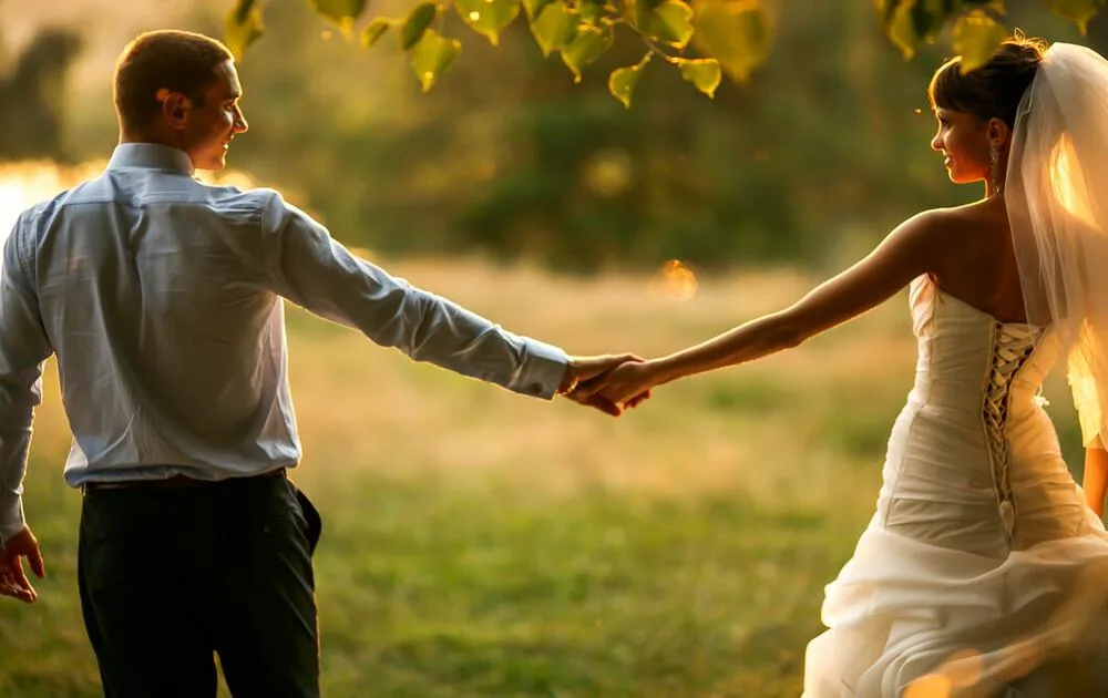 Bride and groom holding hands in open field_Essex Saxophonist for Hire in Essex, Sussex, Surrey, Kent and London - popular wedding songs