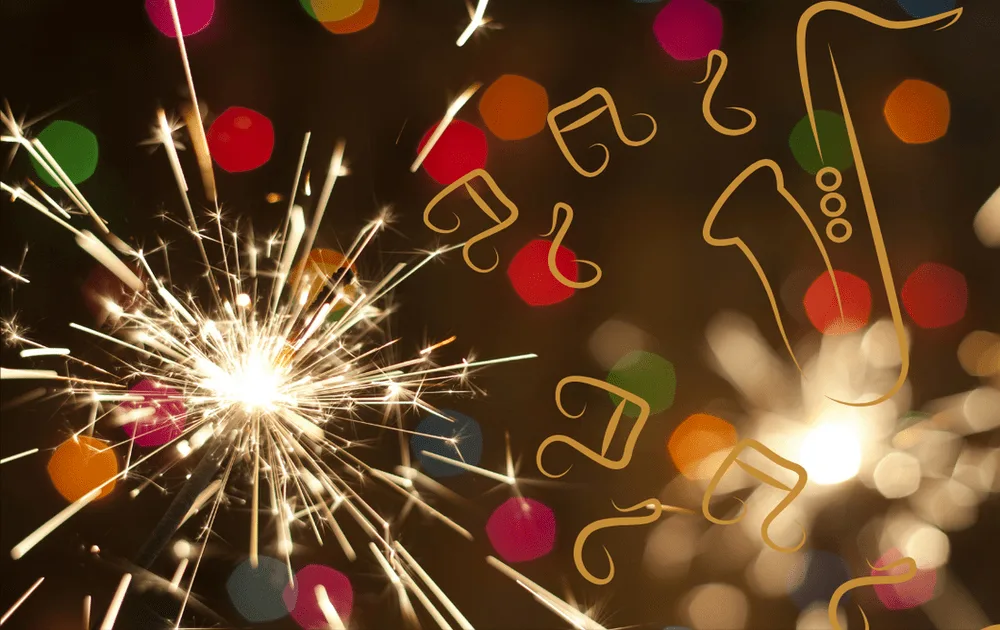 Sparkler and colourful christmas new year background with sketch of muted gold Saxophone and notes_ Live sax music for your Christmas Party_blog image for Saxophonist for Hire in Essex, Kent, Surrey, Sussex and London