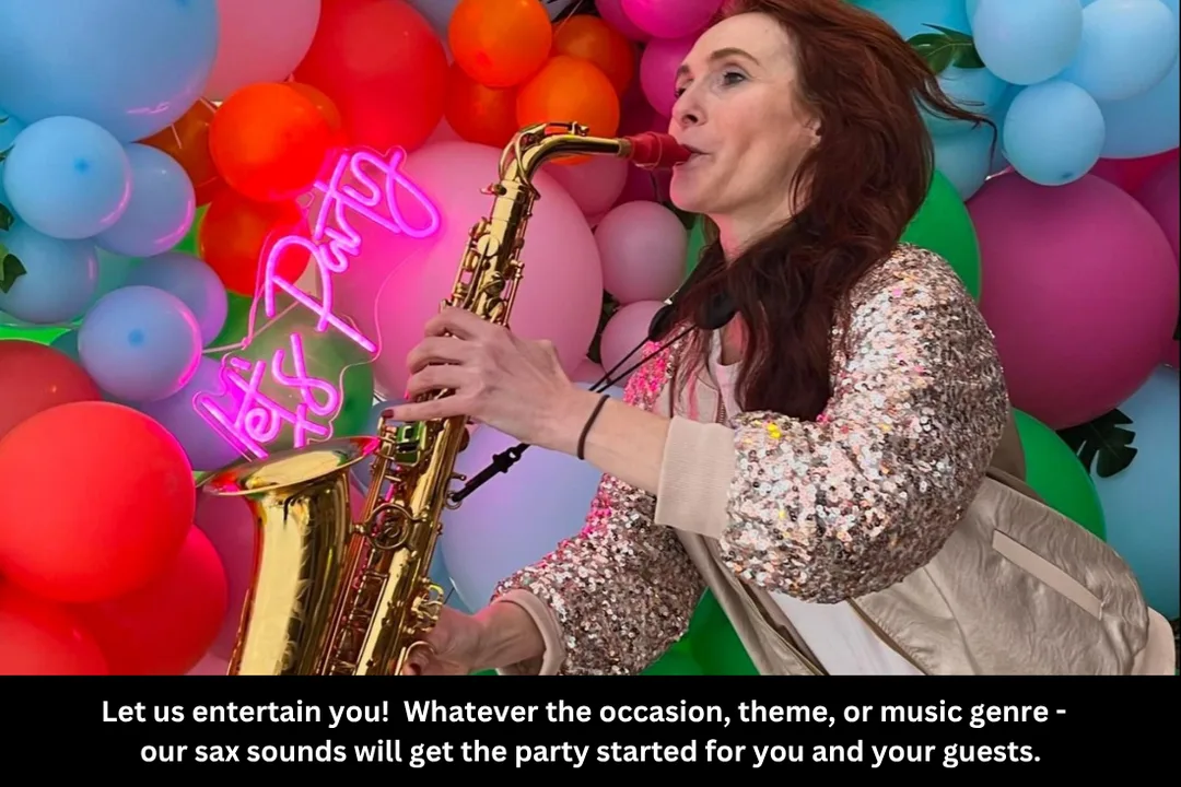 Live music for parties_Saxophonist posing in front of colourful balloons_Essex Saxophonist for Hire