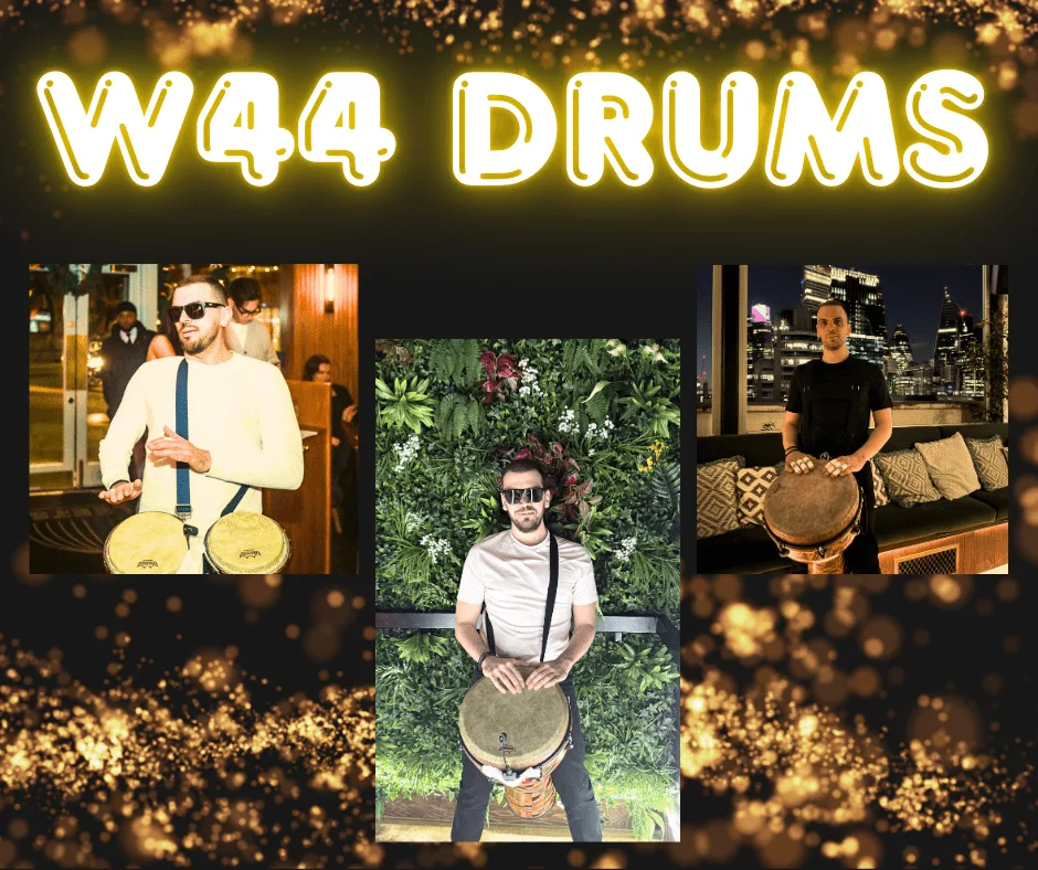 collage of W44 Drums the Bongo Player available for hire at Essex Saxophonist for Hire.