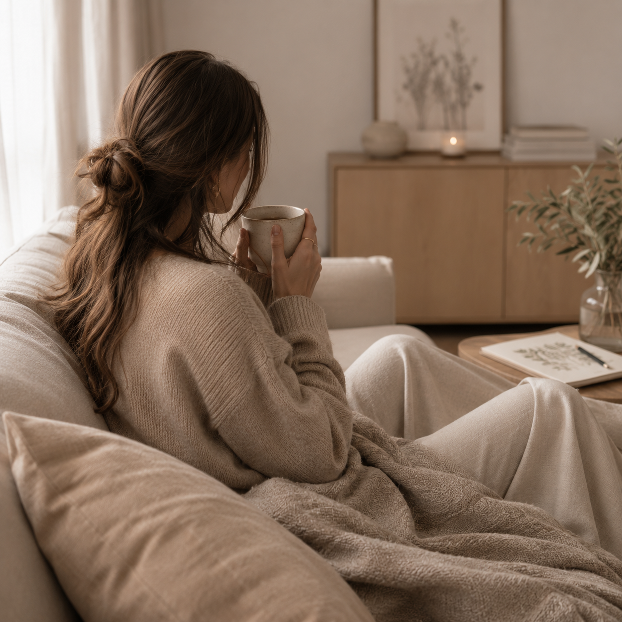 Enjoying a coffee break on the couch