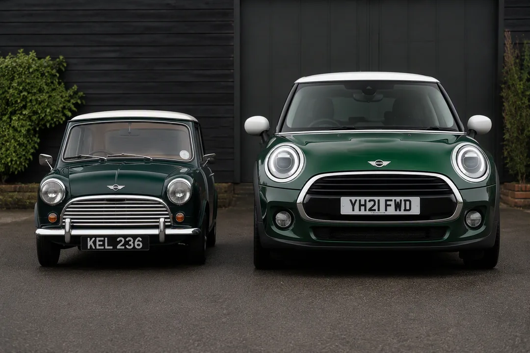 A 1960s green mini side by side with a current one