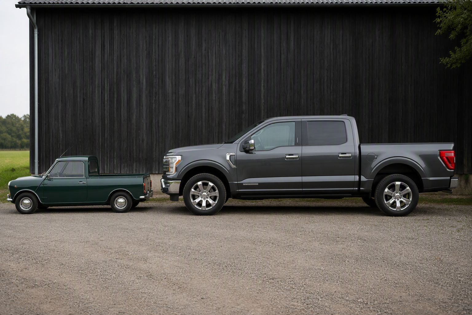 A small 1960s pickup truck with a modern pickup behind illustrating the huge difference in length and height