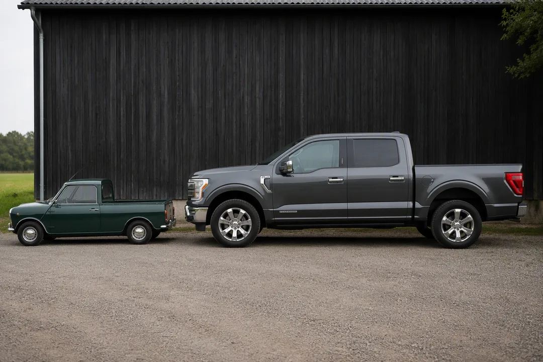 A small 1960s pickup truck with a modern pickup behind illustrating the huge difference in length and height