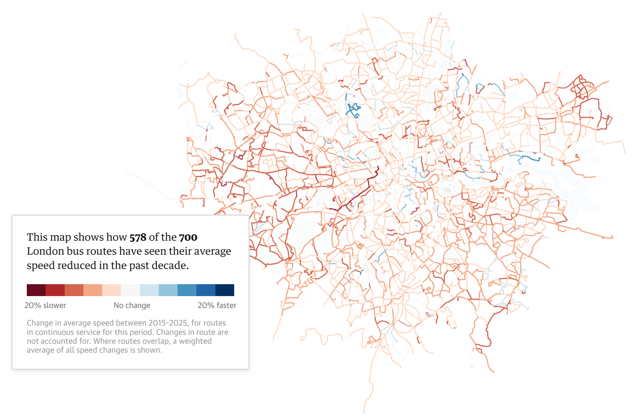 A 'heatmap' of London showing areas where bus times have slowed the most. These are concentrated in car-centric boroughs in outer and West London
