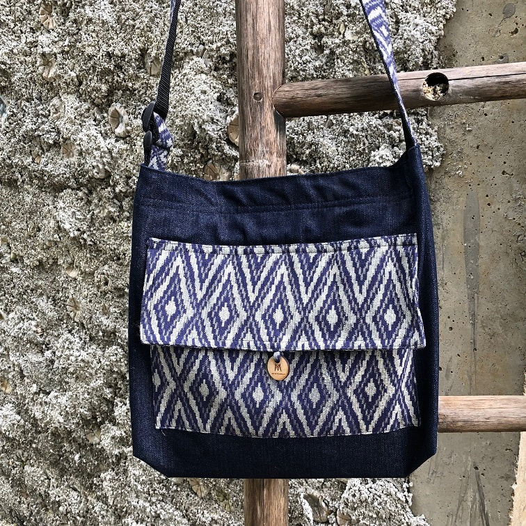 Blue Denim Totebag with Blue Ikat Print