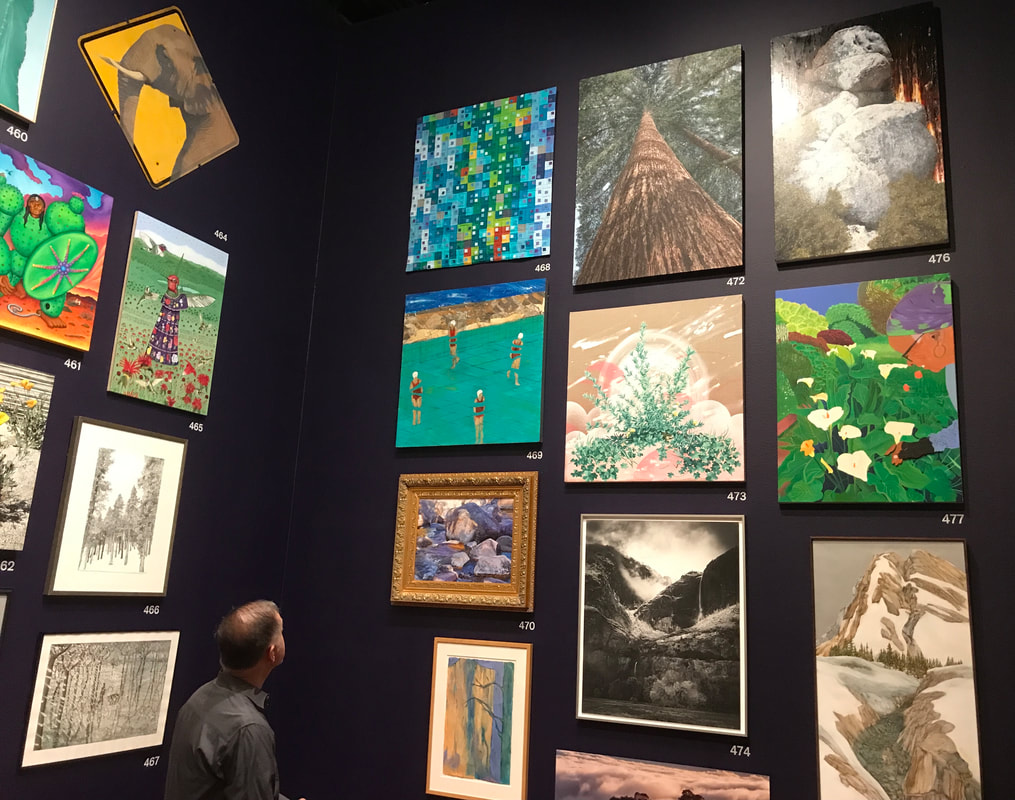 Artist viewing Eric Wong's Redwood Tree 2: Our roots are interlocked painting #472 at the de Young Open 2023 museum exhibition in San Francisco Golden Gate ParkPicture
