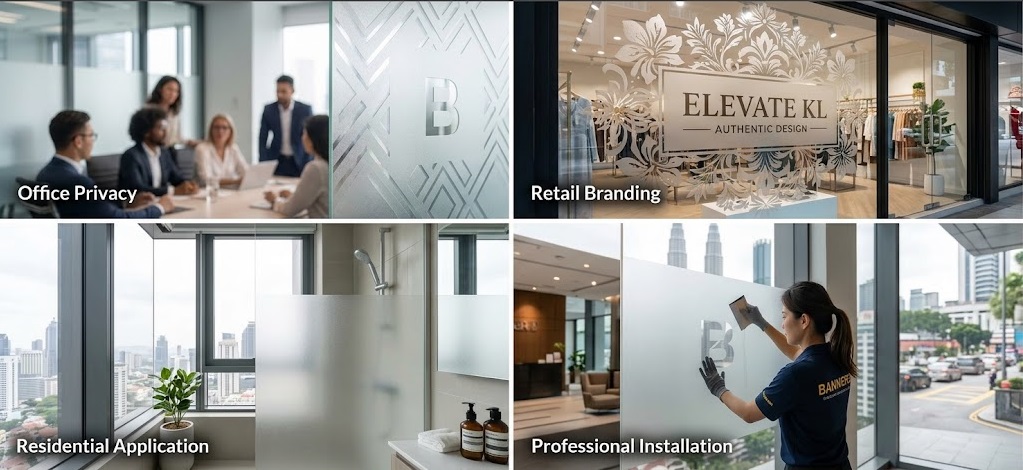 Frosted glass sticker applications across Kuala Lumpur, showcasing office privacy, retail store branding, residential window design, and professional installation.