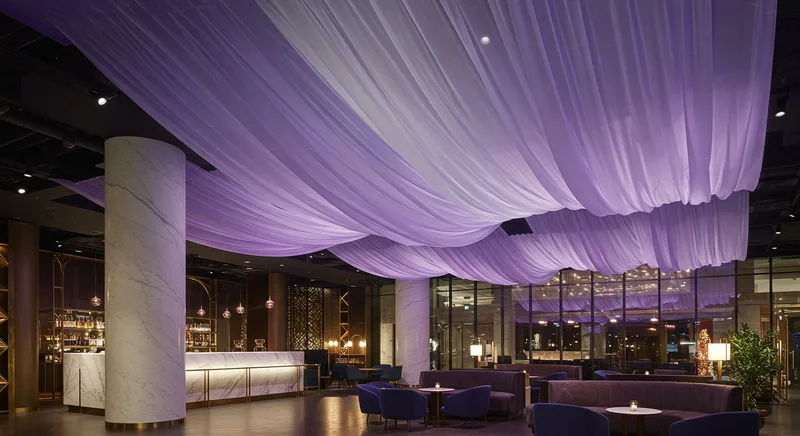 ceiling decoration, fabric drapery, semi-transparent fabric panels for modern cafes, boutique spaces and luxury interiors suppy in selangor malaysia

semi-transparent panels for interiors Selangor