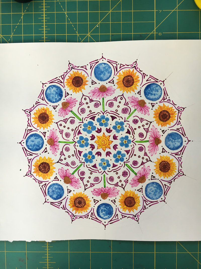 hand drawn pen and ink mandala with sunflowers, moon, echinacea, 