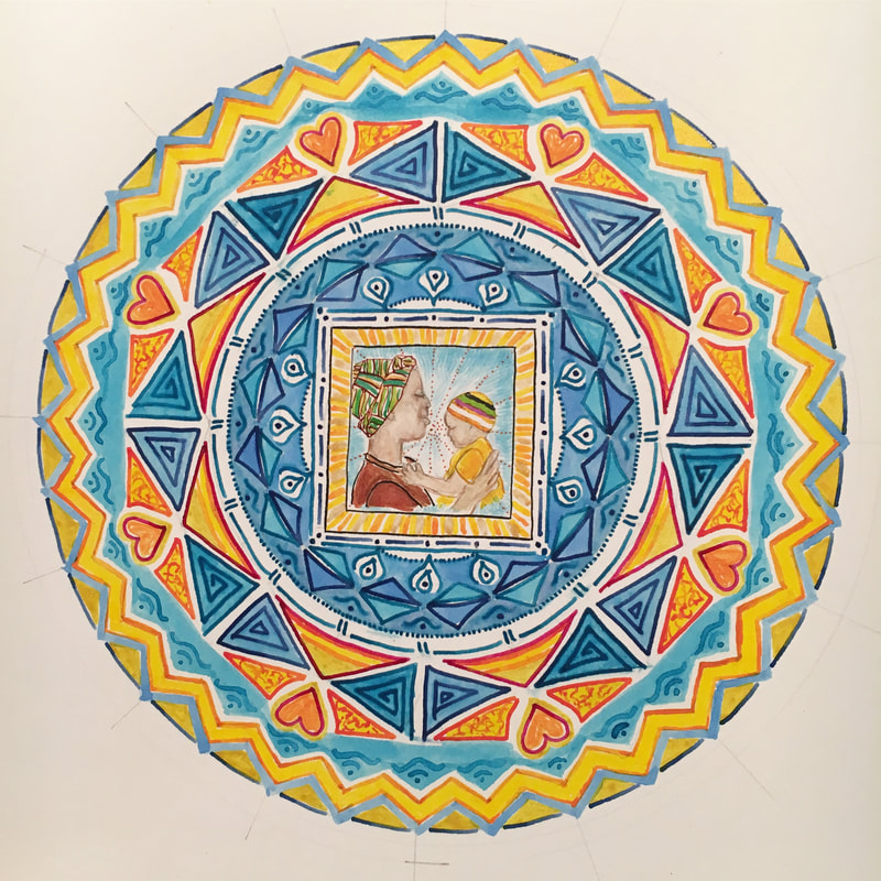 hand drawn pen and ink mandala with mother and child, kente cloth, hearts