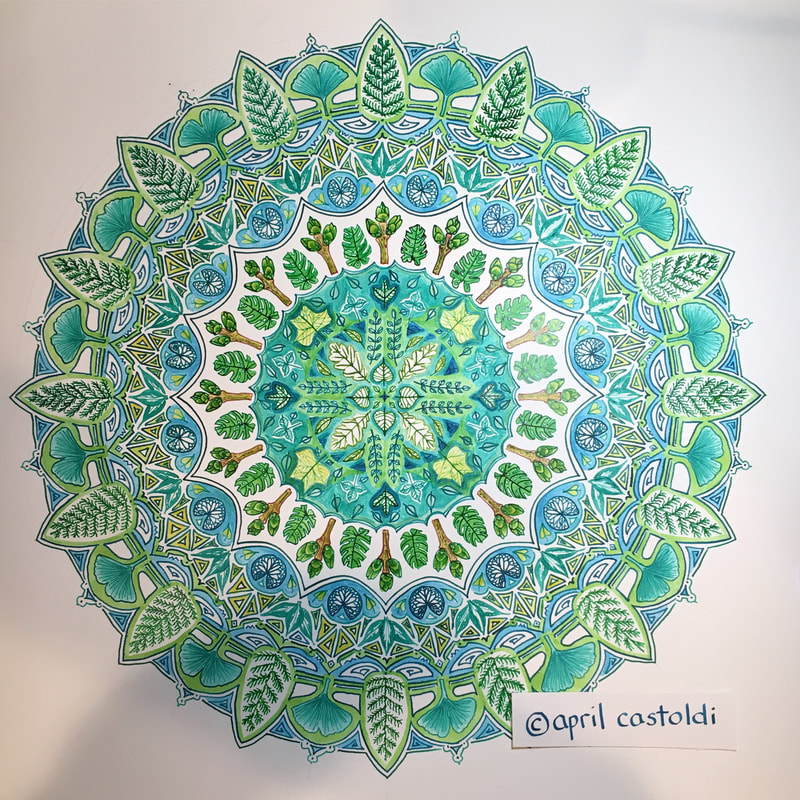 hand drawn pen and ink mandala with leaves