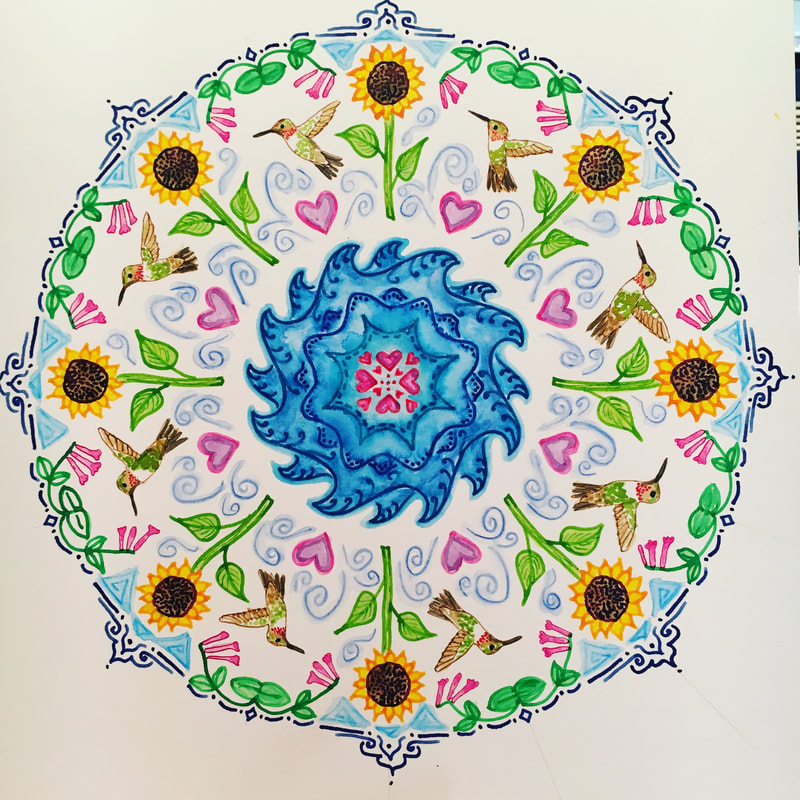 hand drawn pen and ink mandala with sunflowers, hummingbirds, waves, honeysuckle