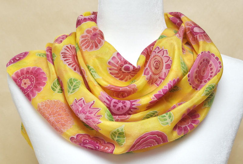 hand-painted flower mandala silk scarf, with daisies, roses, peonies, dahlias
