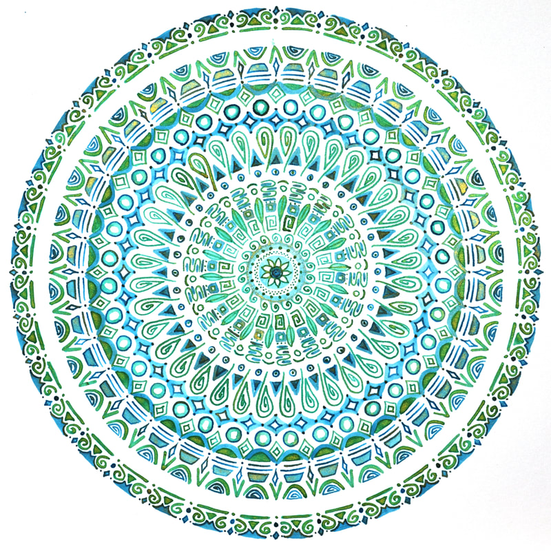 pen and ink green blue mandala
