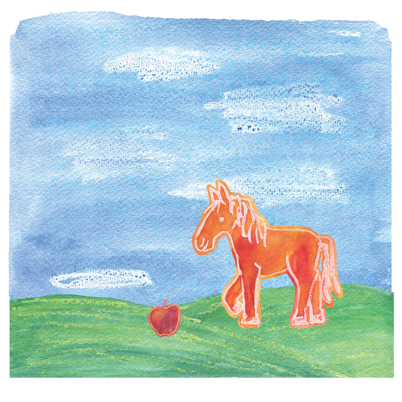 horse, apple, sky, watercolor, children's book, illustration