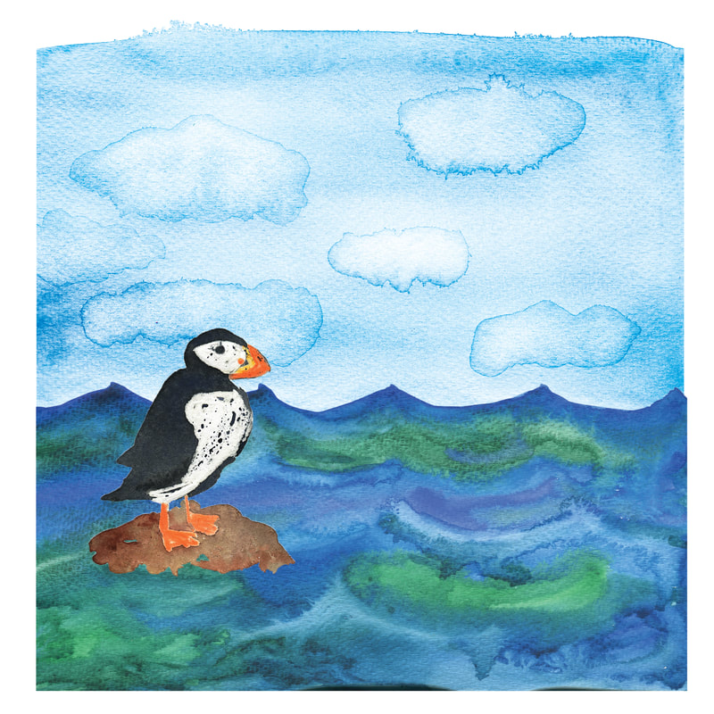 puffin, ocean, sky, illustration, children's book, watercolor