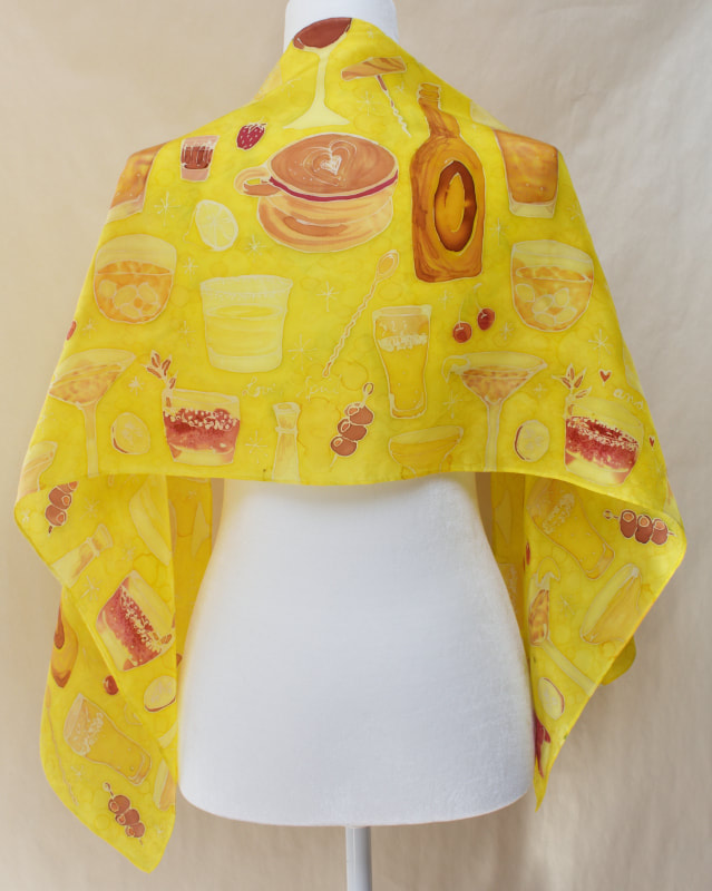 hand-painted silk scarf with cocktails, beer, coffee