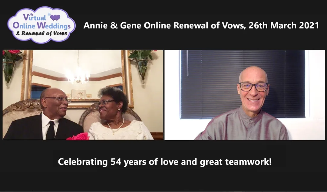 Lovely African American couple enjoying a Virtual Online Renewal of Vows Ceremony with Virtual Minister via Zoom, celebrating 54th Anniversary.