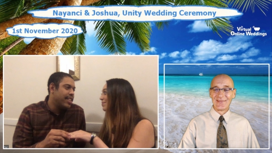 Virtual Celebrant performing online Renewal of Vows ceremony for late middle aged couple on their living room, with turquoise sea background photo and falling red flowers