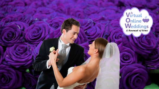 Caucasian couple in formal wedding attire, with groom holding anddipping bride against a purple rose background. VOWs logo.