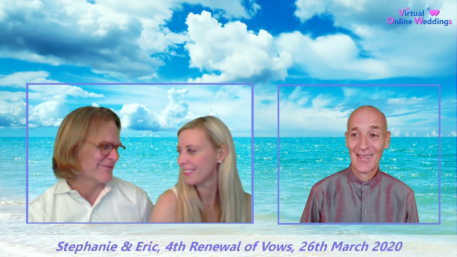 Lovely Caucasion couple green-screened against beautiful ocean picture and clouds overahead, with Virtual Minister's video box next to theirs, during a Virtual Online Renewal of Vows ceremony.