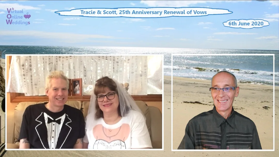 Very cute caucasian couple enjoying a Virtual Online Renewal of Vows Ceremony with Virtual Minister via Zoom, celebrating 25th Anniversary.