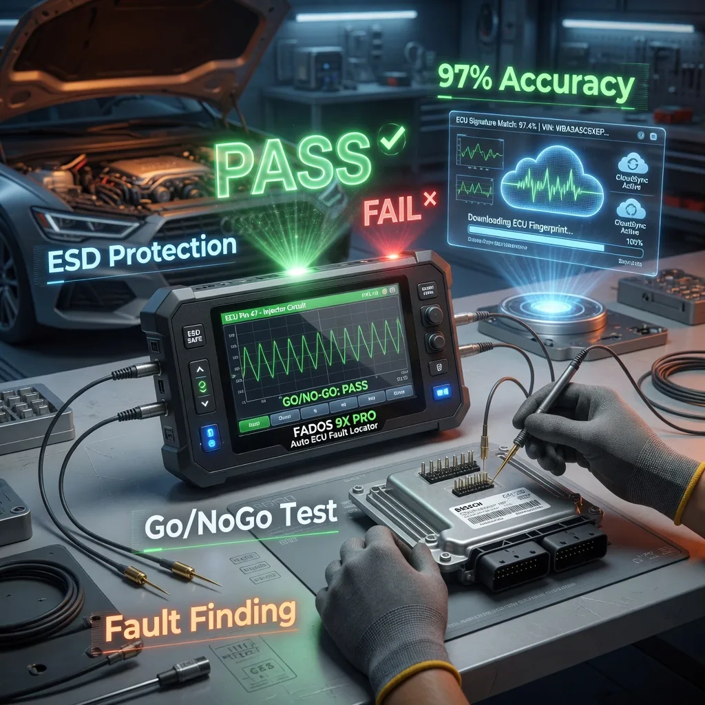 Ultra-realistic cinematic 3D 2026 hero shot of the Auto ECU Fault Locator (FADOS) performing Go/NoGo PASS/FAIL and Fault Finding Tests. Device connected to car ECU on sleek workbench, glowing green PASS / red FAIL holograms, floating cloud database with instant ECU signature downloads, “97% Accuracy” + ESD protection shields, mechanic hands in anti-static gloves, futuristic workshop lighting, hyper-detailed metallic reflections — ultimate eye-catching website image for fast, safe ECU diagnostics and membership.