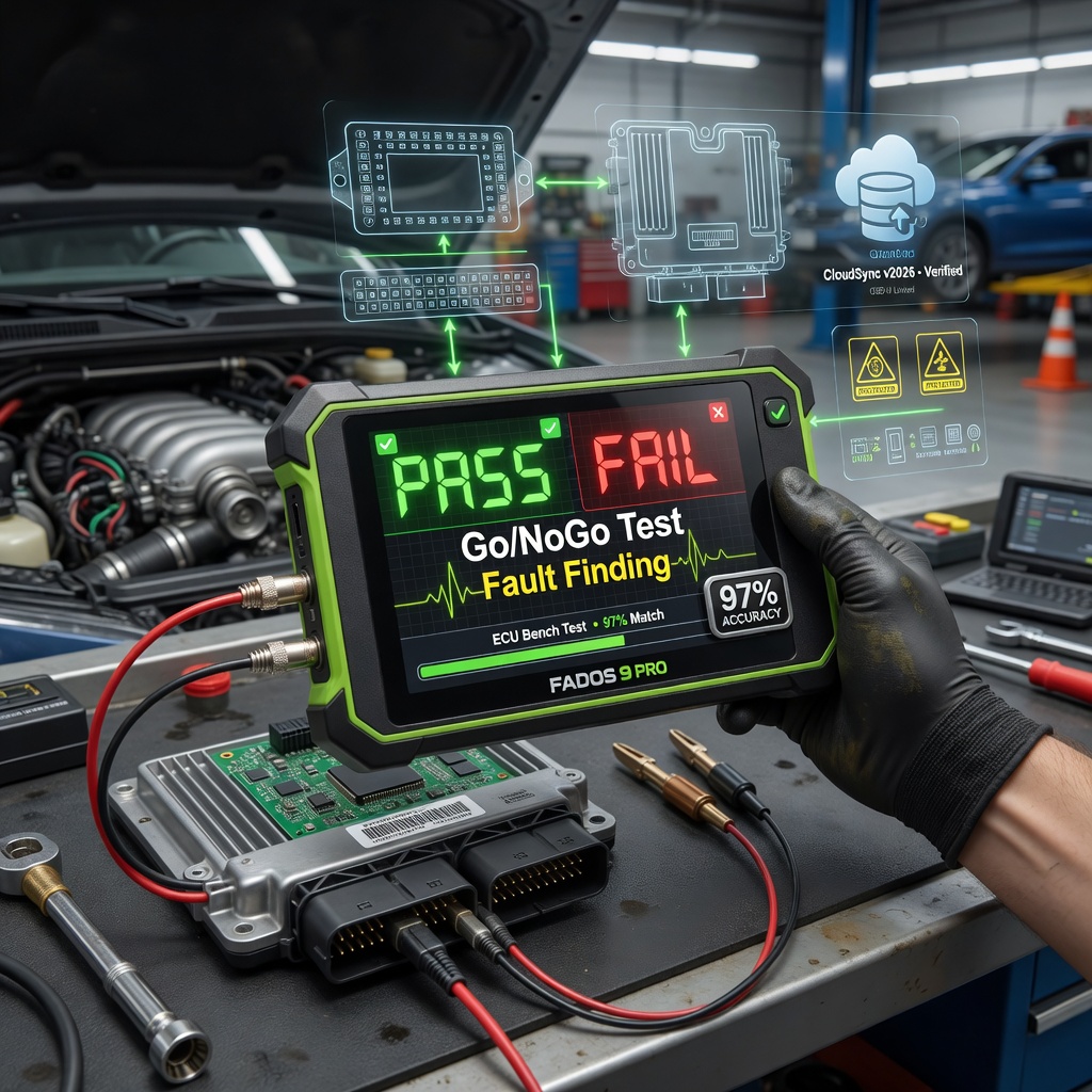 Ultra-realistic 3D photorealistic 2026 hero image of a professional mechanic using the sleek FADOS Auto ECU Fault Locator device performing a safe Go/NoGo PASS/FAIL test and fault finding on a car ECU. Bright green PASS and red FAIL indicators glow on the screen, probes connected to the ECU module, floating holographic cloud database and 97% accuracy overlays, ESD protection symbols, modern high-tech workshop with open car hood, cinematic lighting, hyper-detailed metallic textures and perfect reflections — perfect eye-catching website banner for Auto ECU Fault Locator tests.