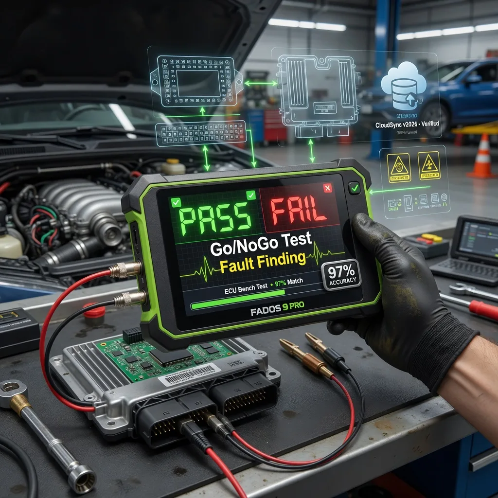 Ultra-realistic 3D photorealistic 2026 hero image of a professional mechanic using the sleek FADOS Auto ECU Fault Locator device performing a safe Go/NoGo PASS/FAIL test and fault finding on a car ECU. Bright green PASS and red FAIL indicators glow on the screen, probes connected to the ECU module, floating holographic cloud database and 97% accuracy overlays, ESD protection symbols, modern high-tech workshop with open car hood, cinematic lighting, hyper-detailed metallic textures and perfect reflections — perfect eye-catching website banner for Auto ECU Fault Locator tests.