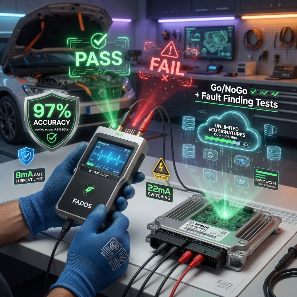 Hyper-realistic cinematic 3D 2026 product hero of the FADOS Auto ECU Fault Locator performing safe Go/NoGo PASS/FAIL + Fault Finding Tests. Sleek device connected to car ECU on pro workbench, glowing green PASS / red FAIL holograms, floating ESD protection shields, 8mA/22mA safety limits, 97% accuracy badge, cloud membership unlimited downloads, mechanic hands in anti-static gloves, dramatic futuristic workshop lighting with perfect metallic reflections — ultimate eye-catching website banner for fast, reliable ECU diagnostics.
