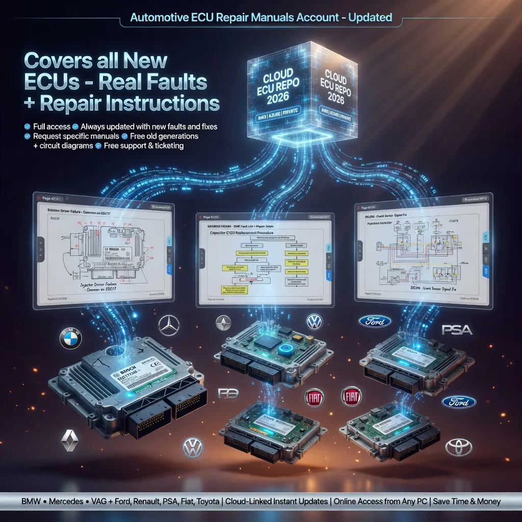 Auto ECU Repair Manuals cloud system linked to main server showing floating 3D ECUs for BMW Bosch EDC17 Mercedes Delphi VAG Siemens Ford Renault PSA Fiat Toyota Denso with full access free updates and instant new fault solutions

