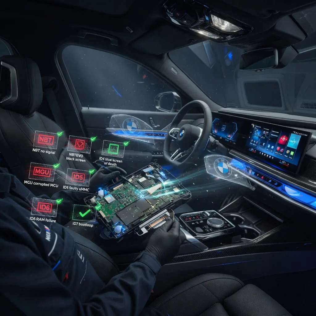 Ultra-realistic 8K 3D cinematic wide shot inside a luxurious modern BMW cabin, professional technician repairing a glowing BMW MGU/ID7 headunit with advanced tools and floating holographic AR overlays showing NBT NBTEVO MGU ID4-ID7 repairs, error icons dissolving into success and perfect screen, dramatic BMW blue volumetric lighting, hyper-detailed luxury interior, photorealistic 2026 commercial masterpiece, powerful eye-catching course banner