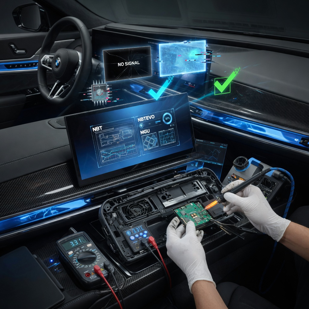Ultra-realistic 8K 3D cinematic hero image of a professional technician repairing a glowing BMW MGU/ID7 headunit inside a luxurious modern BMW cabin, holographic diagnostics for NBT NBTEVO MGU systems, dramatic BMW blue lighting, premium tools, black screen and error icons transforming to success, photorealistic 2026 commercial style, eye-catching website banner