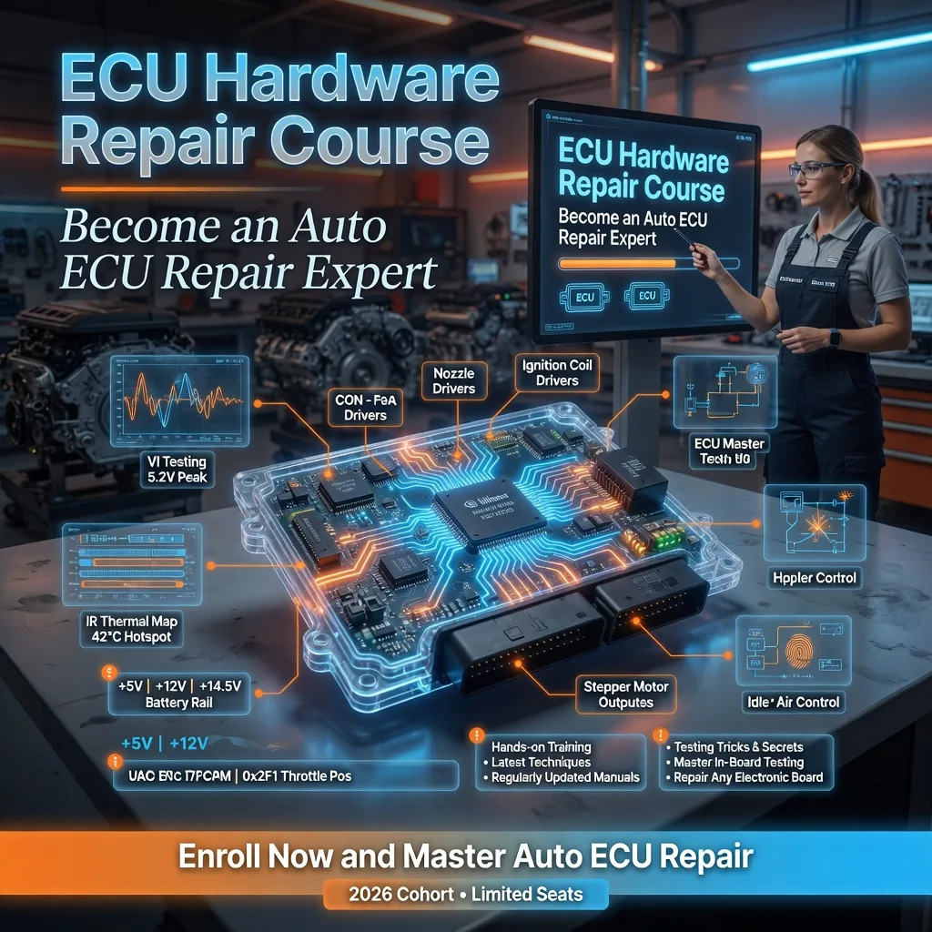 ECU Hardware Repair Course – Become an Auto ECU Repair Expert – Ultra-realistic 3D holographic ECU board with hands-on training latest techniques testing tricks secrets in-board testing SMD components IC MCU repair regularly updated manuals enroll now

