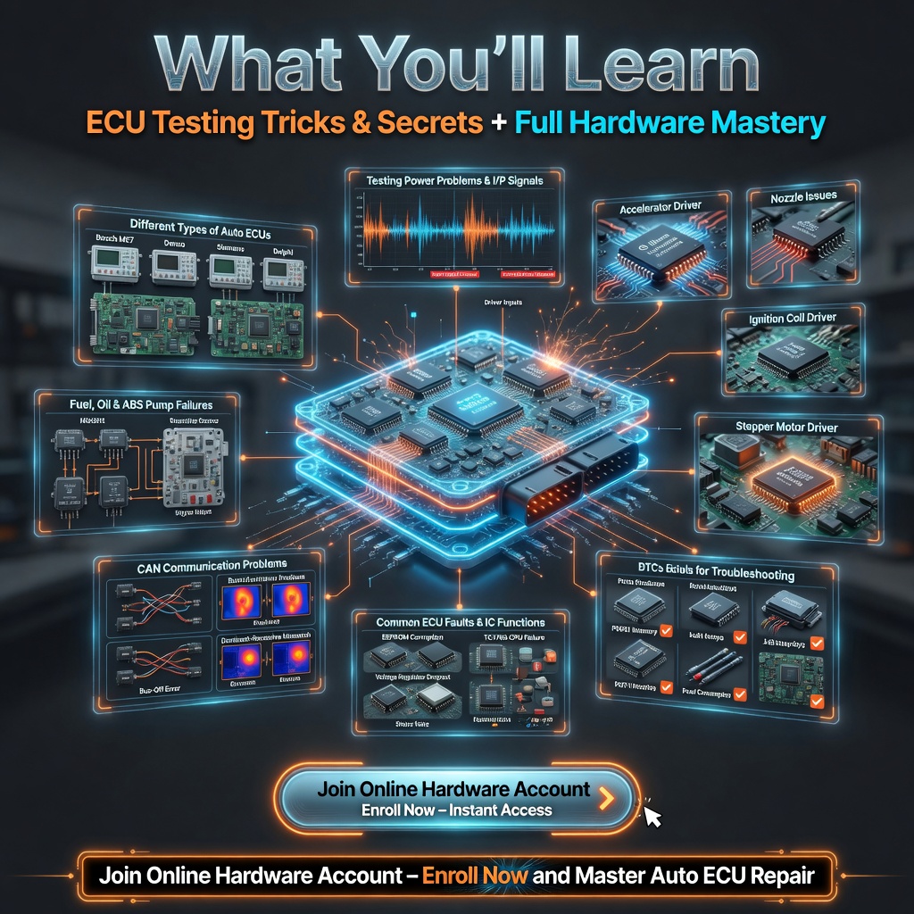 What You’ll Learn in ECU Hardware Repair Course – Types of Auto ECUs block diagrams testing tricks power problems accelerator nozzle ignition stepper drivers CAN communication common faults DTCs best tools Join Online Hardware Account enroll now

