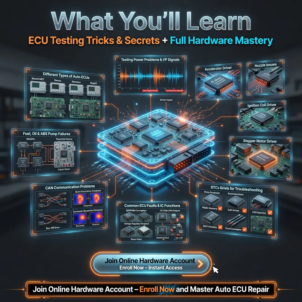 What You’ll Learn in ECU Hardware Repair Course – Types of Auto ECUs block diagrams testing tricks power problems accelerator nozzle ignition stepper drivers CAN communication common faults DTCs best tools Join Online Hardware Account enroll now


